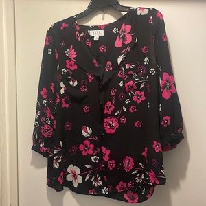 Black blouse with pink and white florals